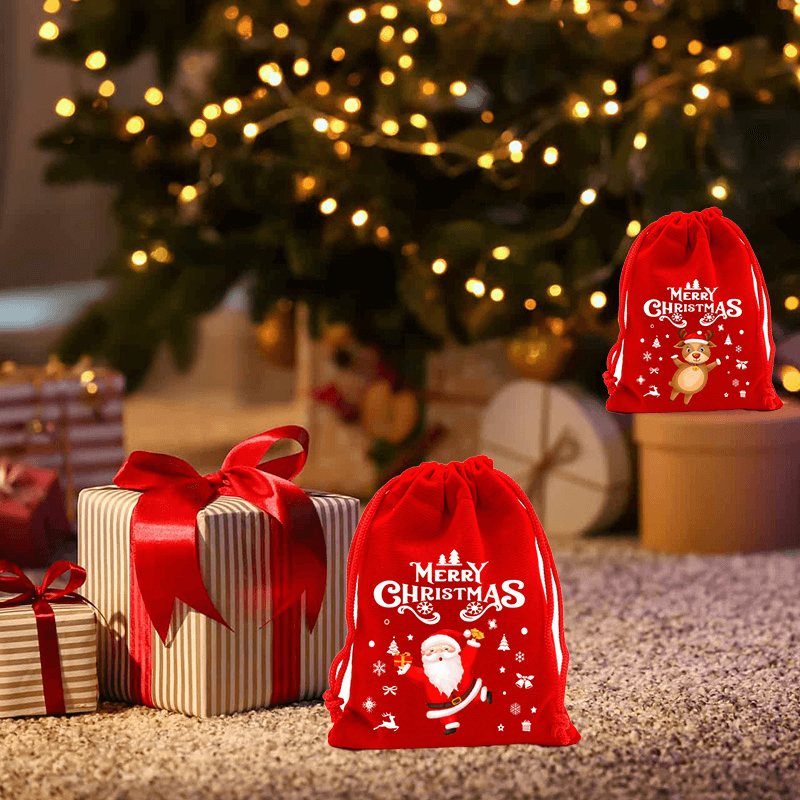 12st Kerstmis Geschenkzakjes in stof 9x12cm - Kerstboom, Kerstman, Eland Vrolijk Kerstfeest