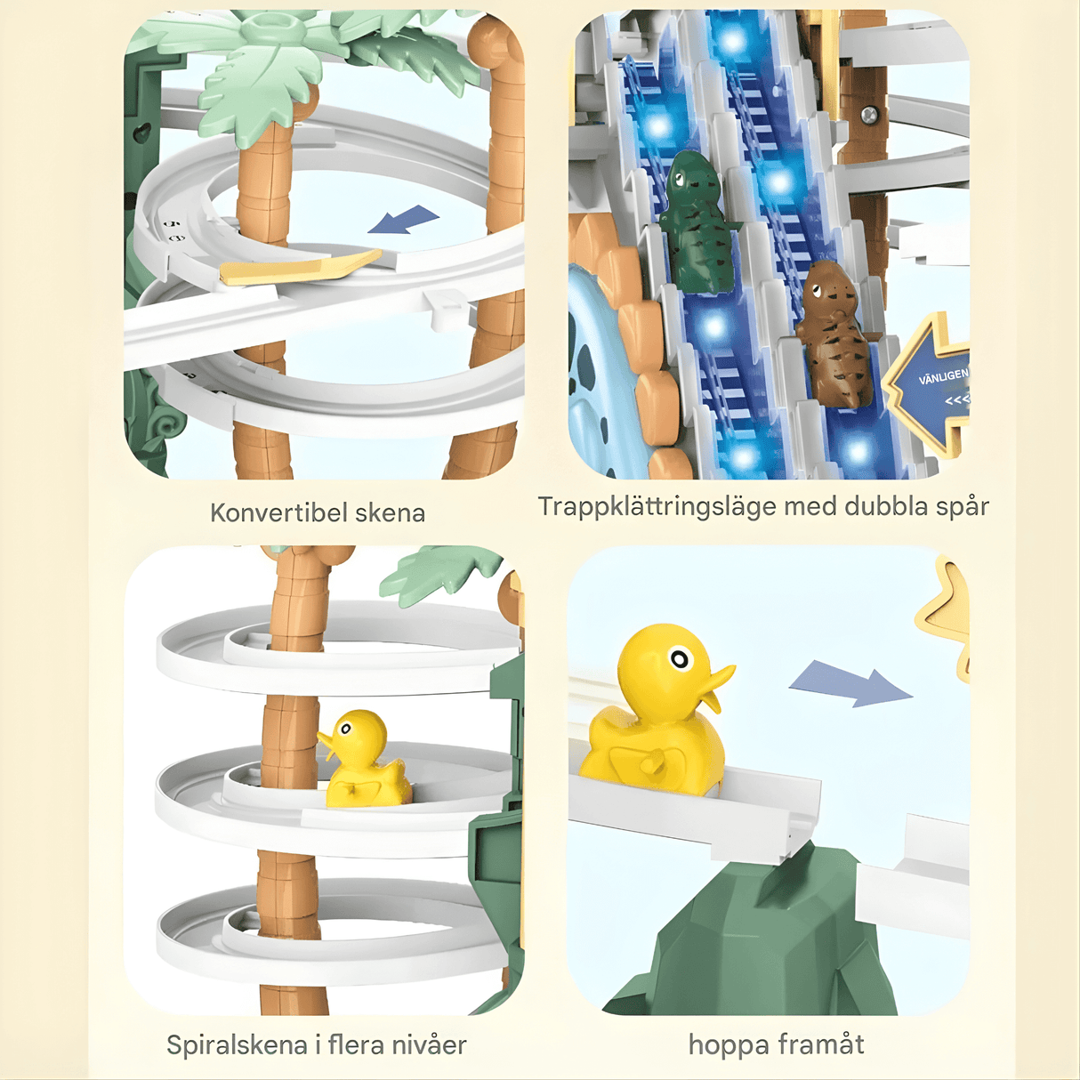 DinoTrack – Elektrisk Dubbelbanig Dinosaurie-rutschkana med Dynamiska Klättertrappor, Ljus & Musik för Barn