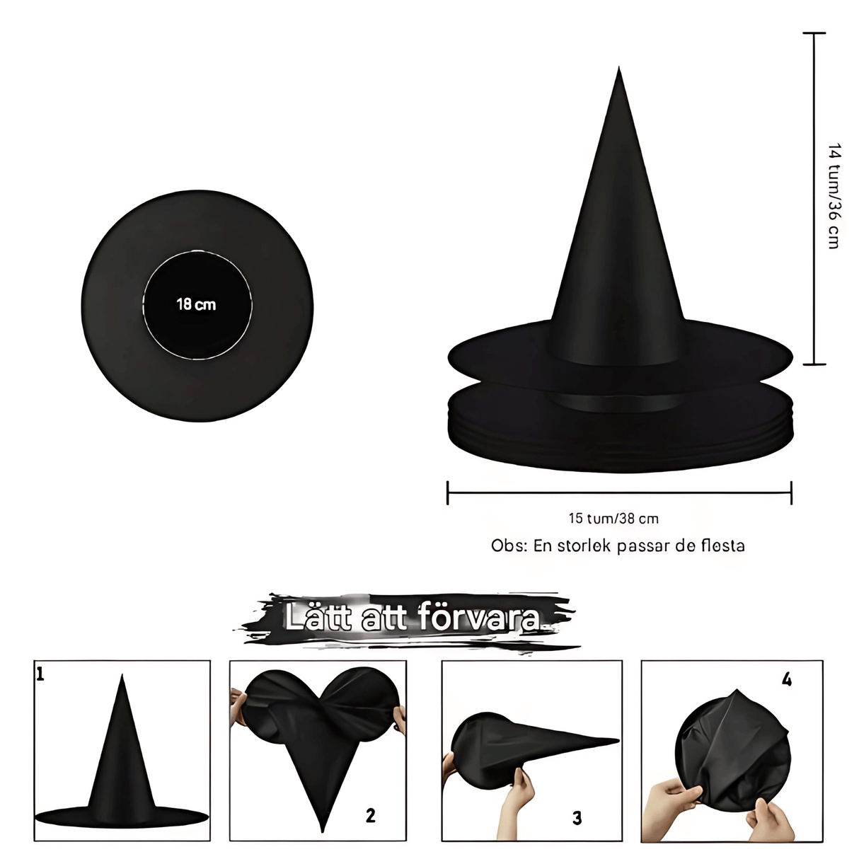 WitchGleam – Hopfällbar Halloweenhäxhatt i Svart Polyester för Maskerad, Party & Dekoration