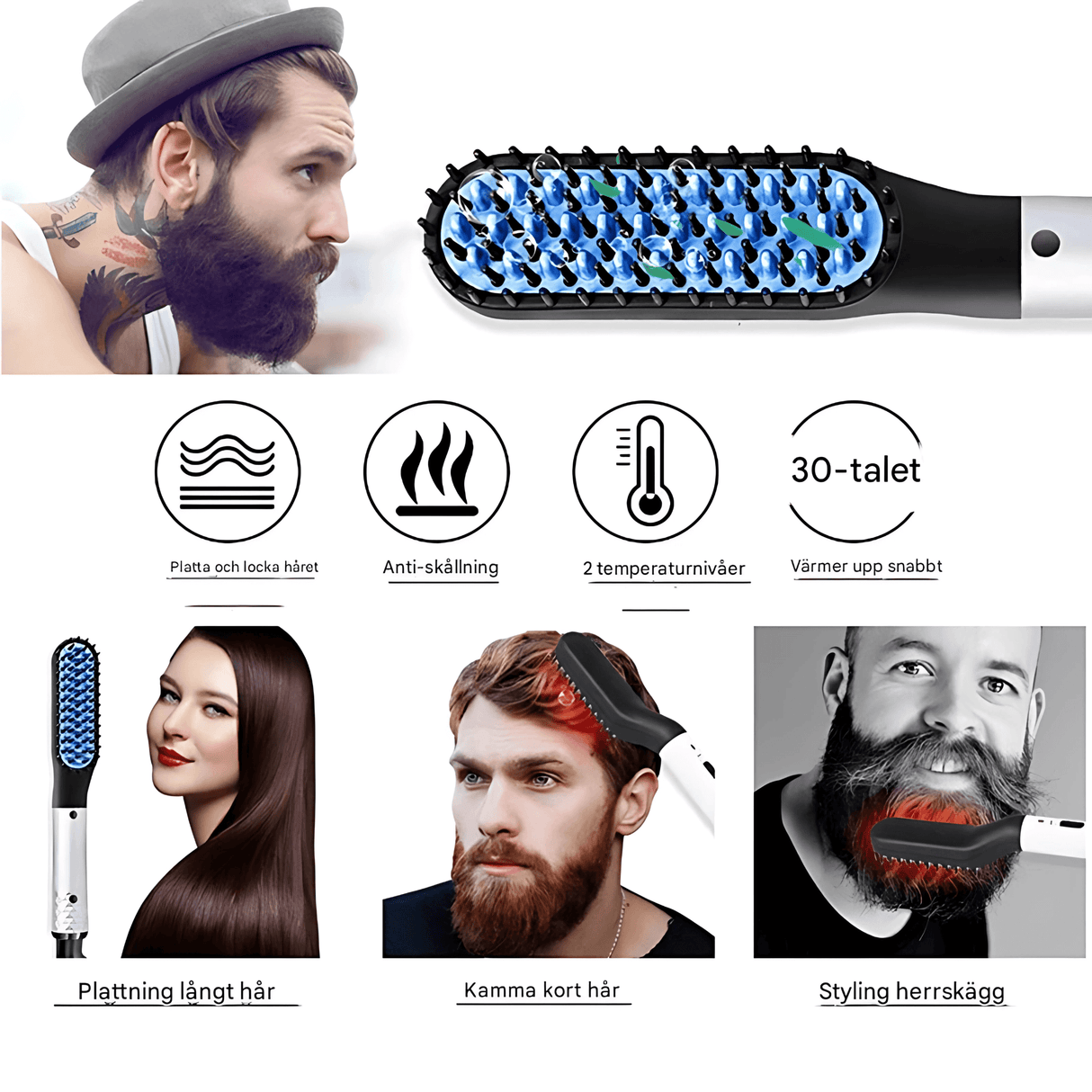 GroomFlex – Elektrisk Kam och Hårstyler med Jonisering & Justerbar Värme för Skägg och Hår