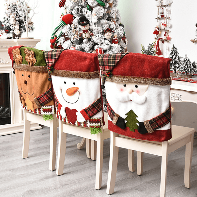 3x Kerst Decoratie Stoelhoezen voor de Rugleuning 48x54cm - Kerstman, Sneeuwman, Rendier