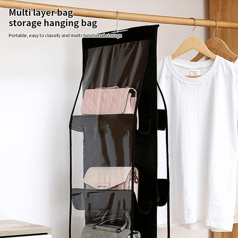 Zwarte Hangende Garderobe Organiser met 6 Zakken | Dubbelzijdige Opbergoplossing voor Tassen, Schoenen & Kleding