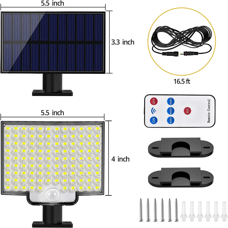 LED schijnwerper op zonne-energie met bewegingssensor 106 LED, 3000LM, 180° verlichting, 4 standen, IP65 waterdichte buitenlamp met afzonderlijk zonnepaneel