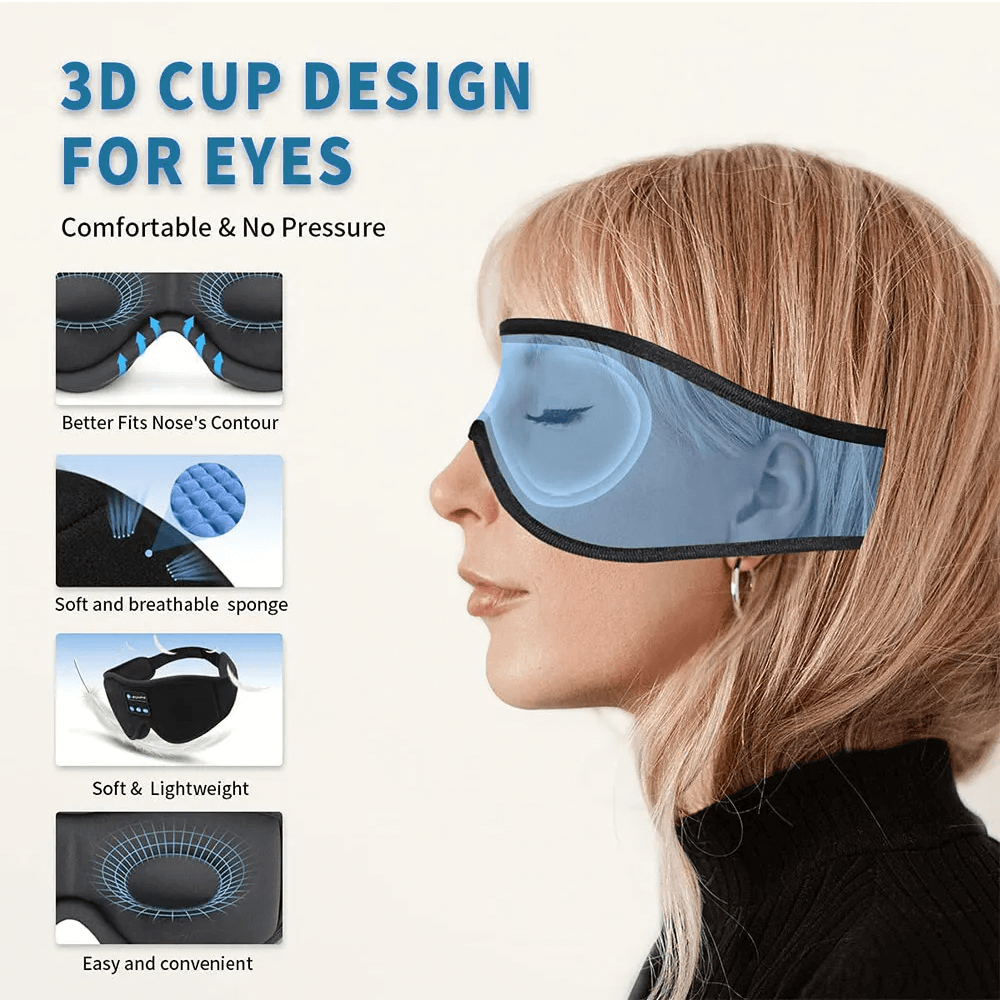 Snoozeit.™ - Bluetooth-slaapmasker met HD-luidsprekers - 3D-slaapkoptelefoon met automatische uitschakeling | draadloze Bluetooth 5.0