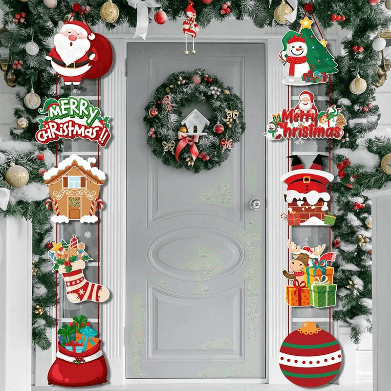 Vrolijk Kerstfeest Hangende Deurbanners - Kerstman, Sneeuwpop, Kerstboom, Peperkoekhuisje