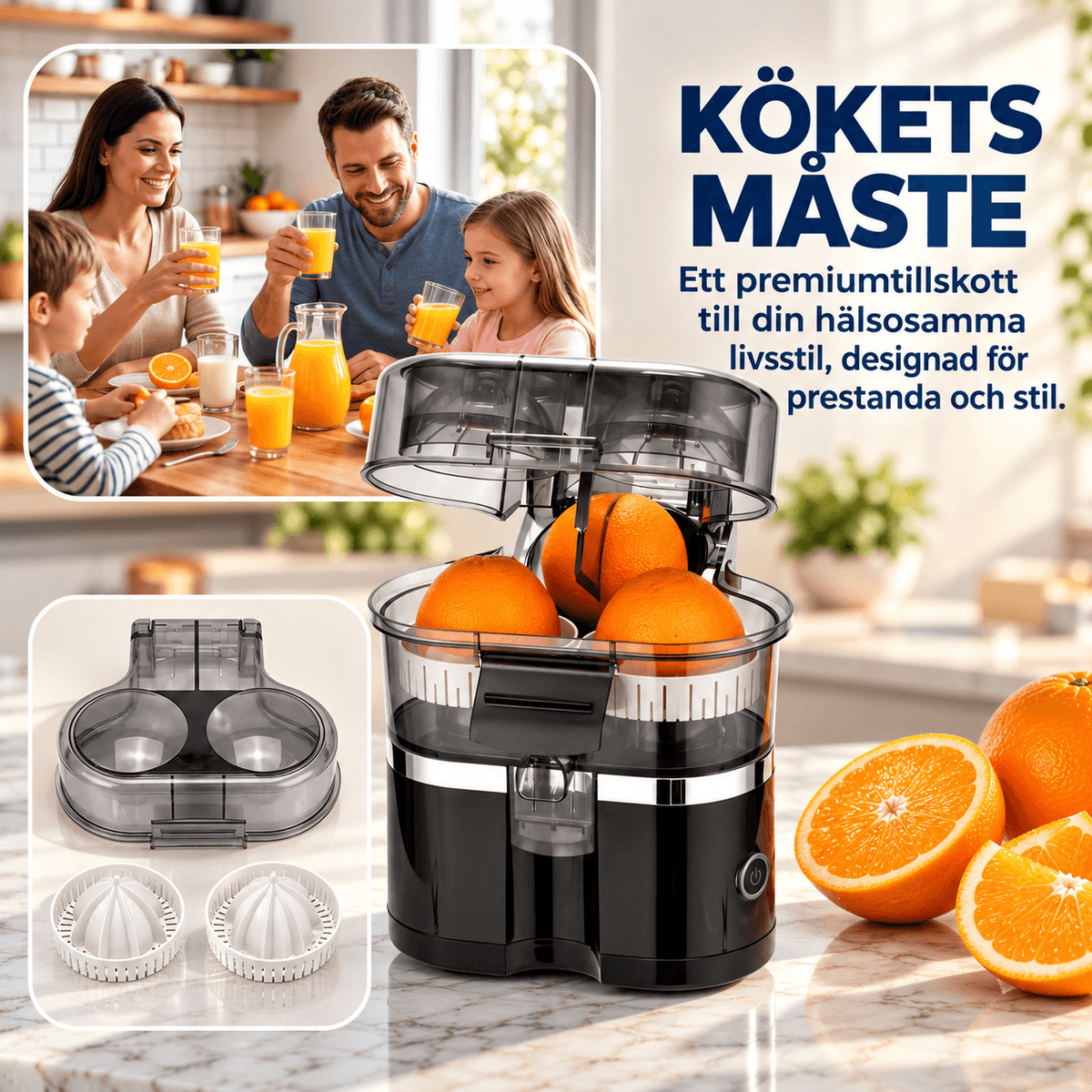 JuiceDuo – Elektrisk Apelsinpress med Dubbla Huvuden – Citruspress för Apelsin, Citron och Grapefrukt med 2 Hastigheter