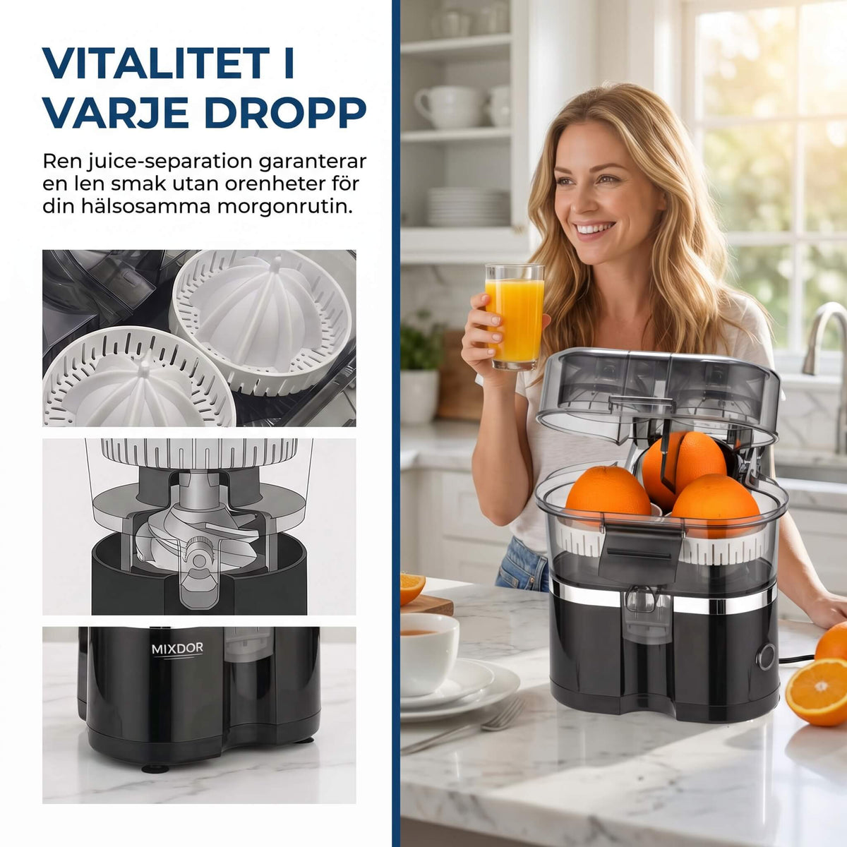 JuiceDuo – Elektrisk Apelsinpress med Dubbla Huvuden – Citruspress för Apelsin, Citron och Grapefrukt med 2 Hastigheter