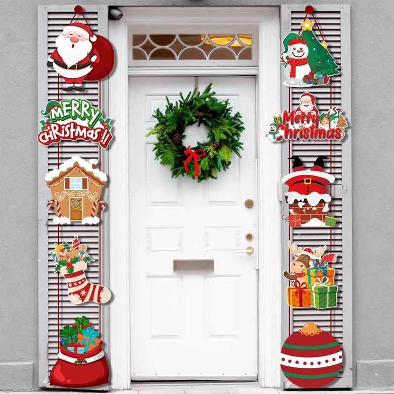 Vrolijk Kerstfeest Hangende Deurbanners - Kerstman, Sneeuwpop, Kerstboom, Peperkoekhuisje