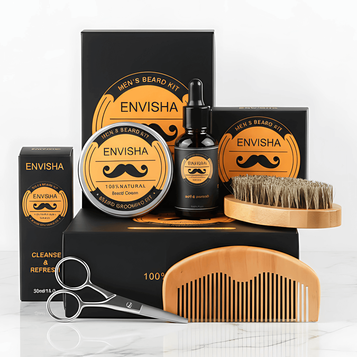 BeardMaster – 6-i-1 Skäggvårdskit för Män med Olja, Balm, Kam, Borste & Sax