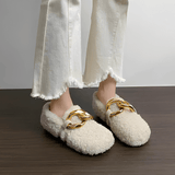 CozyGleam – Plush Faux Fur Cozy Shoes med Guldspänne och Teddy-Textur för Hem och Utomhus