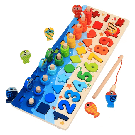 Montessori Houten Puzzels voor Kleuters | 5-in-1 Houten Educatief Speelgoed met Visspel, Sorteren & Tellen - Educatief Leerspel voor Kinderen van 2-5 jaar