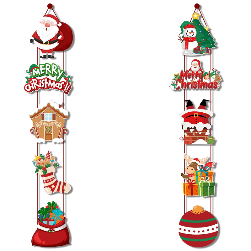 Vrolijk Kerstfeest Hangende Deurbanners - Kerstman, Sneeuwpop, Kerstboom, Peperkoekhuisje