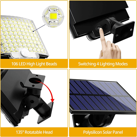 Solcellsdriven LED Strålkastare med Rörelsesensor | 106 LED, 3000LM, 180° Belysning, 4 Lägen, IP65 Vattentät Utomhuslampa med Separat Solpanel