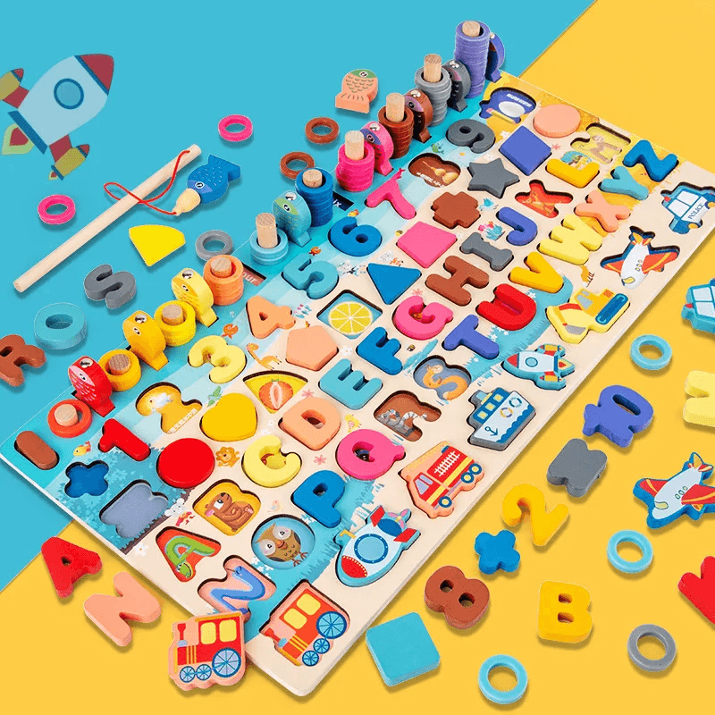 Montessori Houten Puzzels voor Kleuters | 5-in-1 Houten Educatief Speelgoed met Visspel, Sorteren & Tellen - Educatief Leerspel voor Kinderen van 2-5 jaar