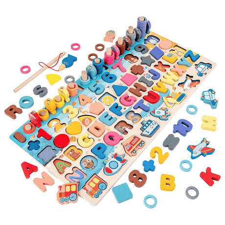 Montessori Houten Puzzels voor Kleuters | 5-in-1 Houten Educatief Speelgoed met Visspel, Sorteren & Tellen - Educatief Leerspel voor Kinderen van 2-5 jaar