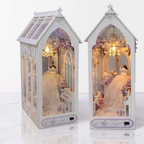 NookCraft – DIY Book Nook Byggsats i Trä – Miniatyr Bokhylla Insats med Dockskåp och LED-belysning