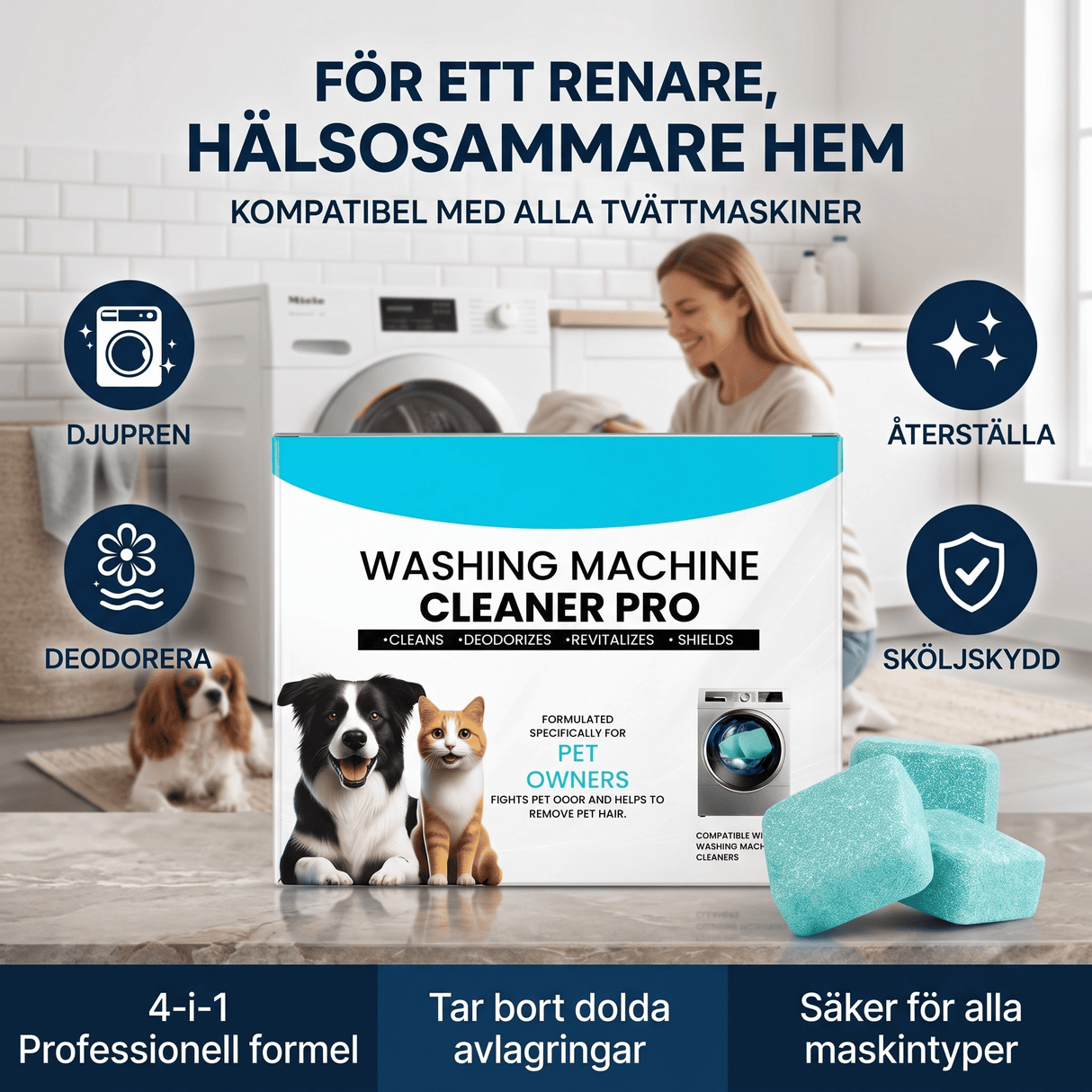 FreshCore – Rengöringstabletter för Tvättmaskin mot Djurhår och Lukt – Djuprengöring