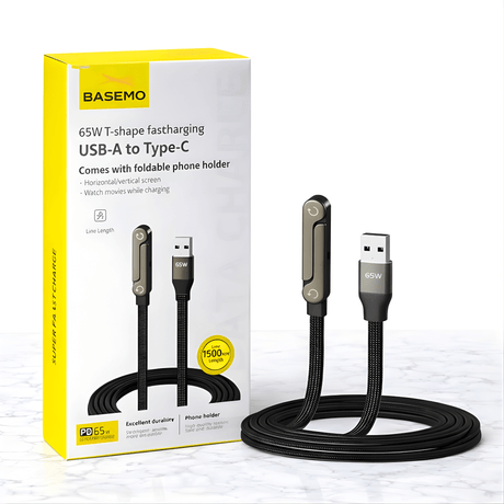 VoltDock – 240W/65W Snabbladdningskabel med Vikbart Stativ, Flätad Design & Elbow-Kontakt för Mobil, Surfplatta och Laptop