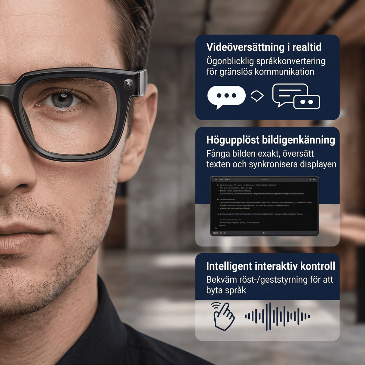 VoxLens – Smarta AI-Glasögon med Kamera, Realtidsöversättning och Röststyrning – 4K Video, Samtal och Musik