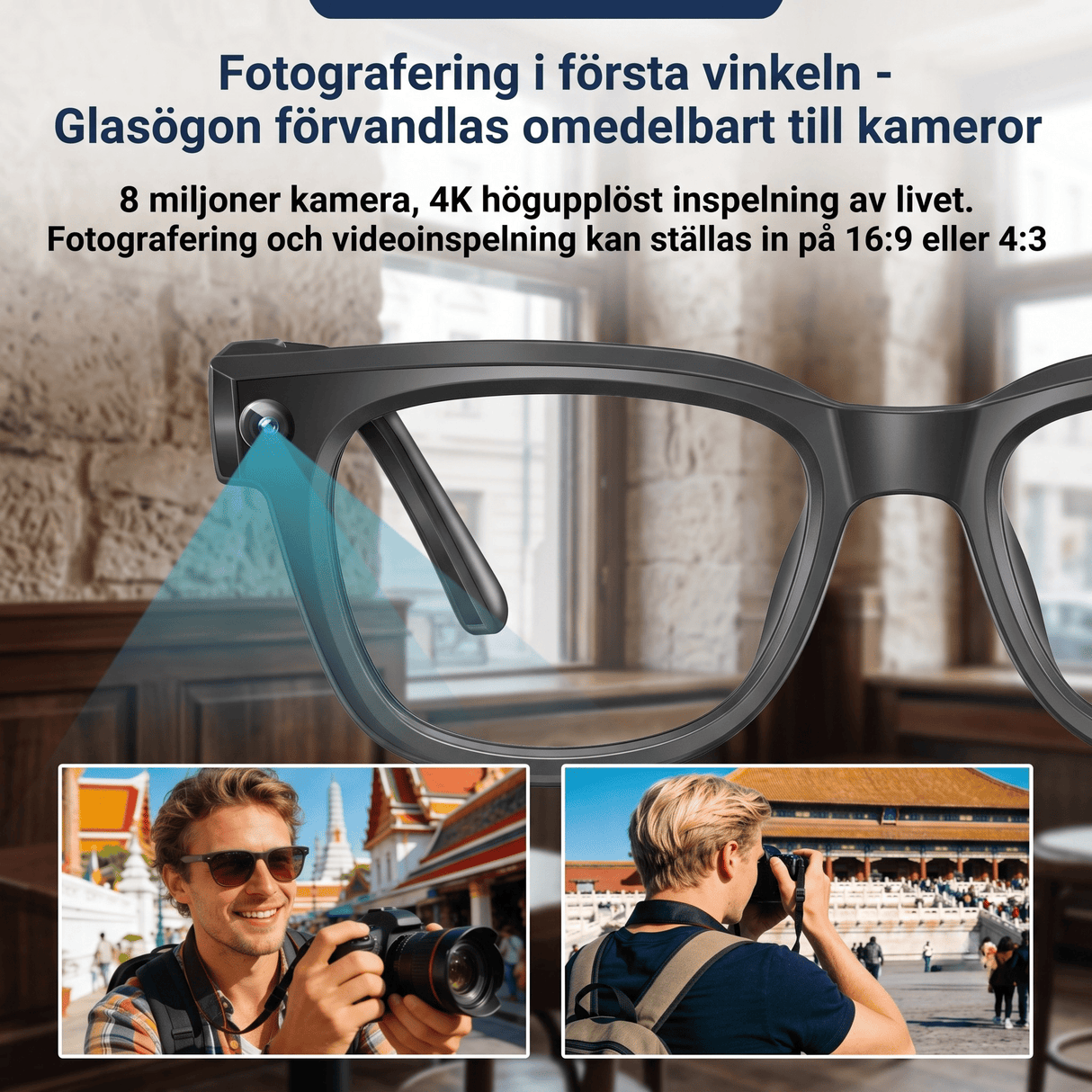 VoxLens – Smarta AI-Glasögon med Kamera, Realtidsöversättning och Röststyrning – 4K Video, Samtal och Musik