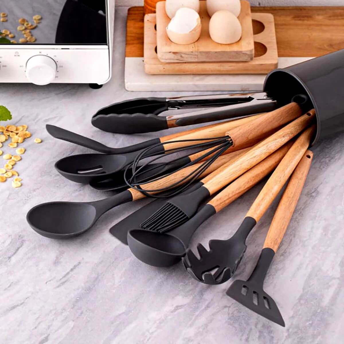 SilvaWare - 12-delig Siliconen keukengerei met houten handvat | Praktische en kleurrijke keukenaccessoires