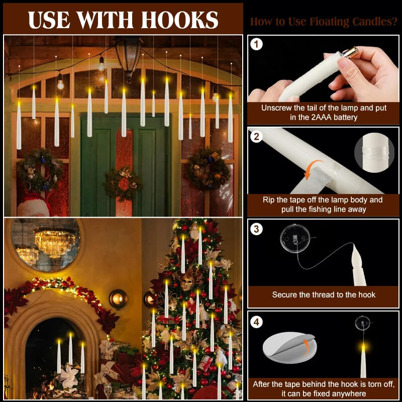 Drijvende LED Kaars met Toverstok Afstandsbediening | Vlamloze Hangende Decoratieve Kaarsen voor Kerstmis, Halloween & Bruiloft
