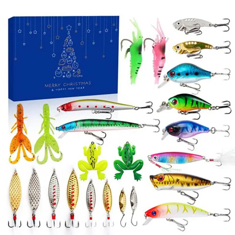 AnglerAdvent - 24 Dagars Julnedräkning Presentuppsättning med Olika Fiskedrag och Tackel