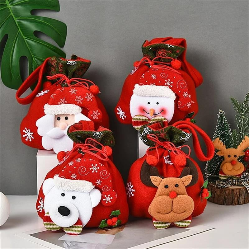 4x Gebreide kerstcadeauzakjes, 3D poppetjes, Kerstman, Sneeuwpop, Eland, IJsbeer