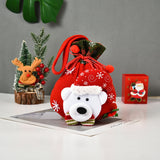 4x Gebreide kerstcadeauzakjes, 3D poppetjes, Kerstman, Sneeuwpop, Eland, IJsbeer